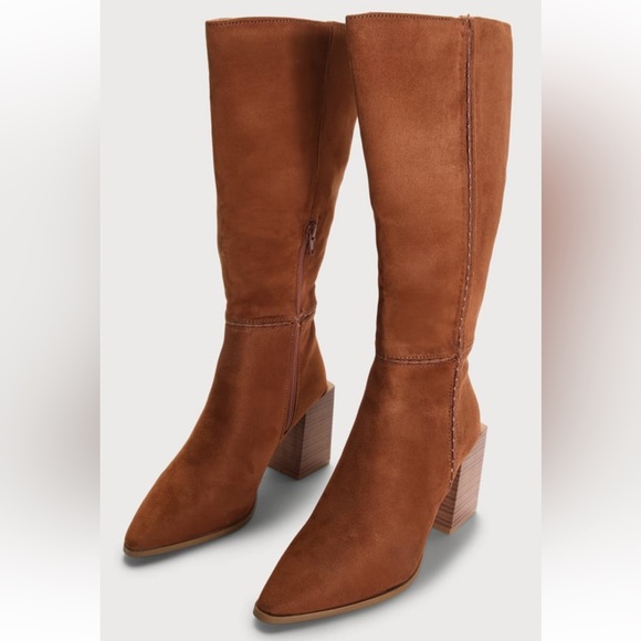 Lulus Delaynie Tan Suede Pointed-Toe Knee High Boots - Picture 1 of 5